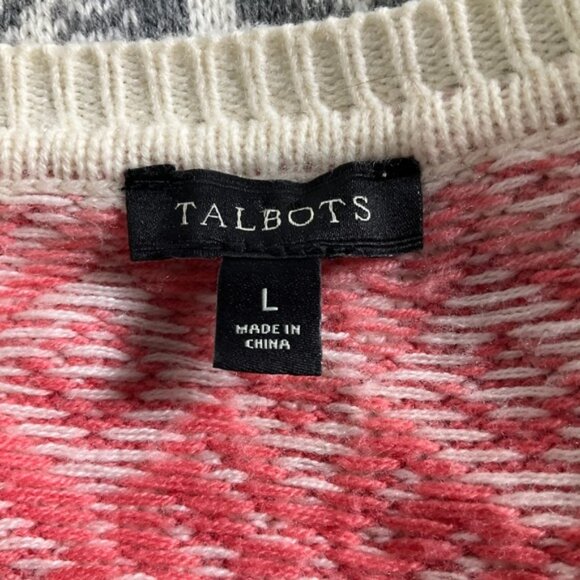 Talbots Womens Sweater Sz L Coral Gray White Lambswool Blend Fair Isle Pullover - Picture 3 of 8
